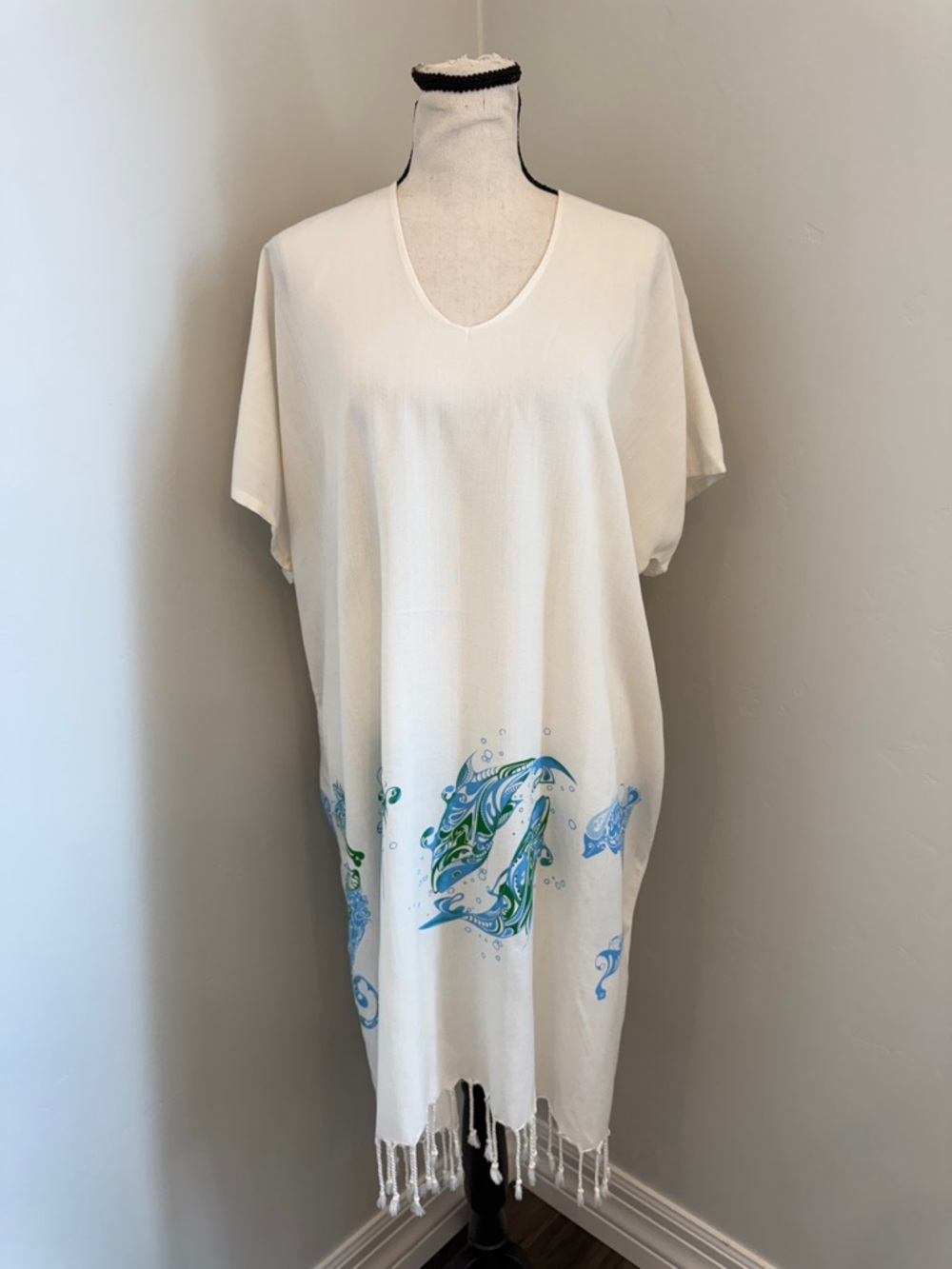 Ipekci Cover Up Dress Large White Dolphin Print Tassel Hem Beach Kaftan